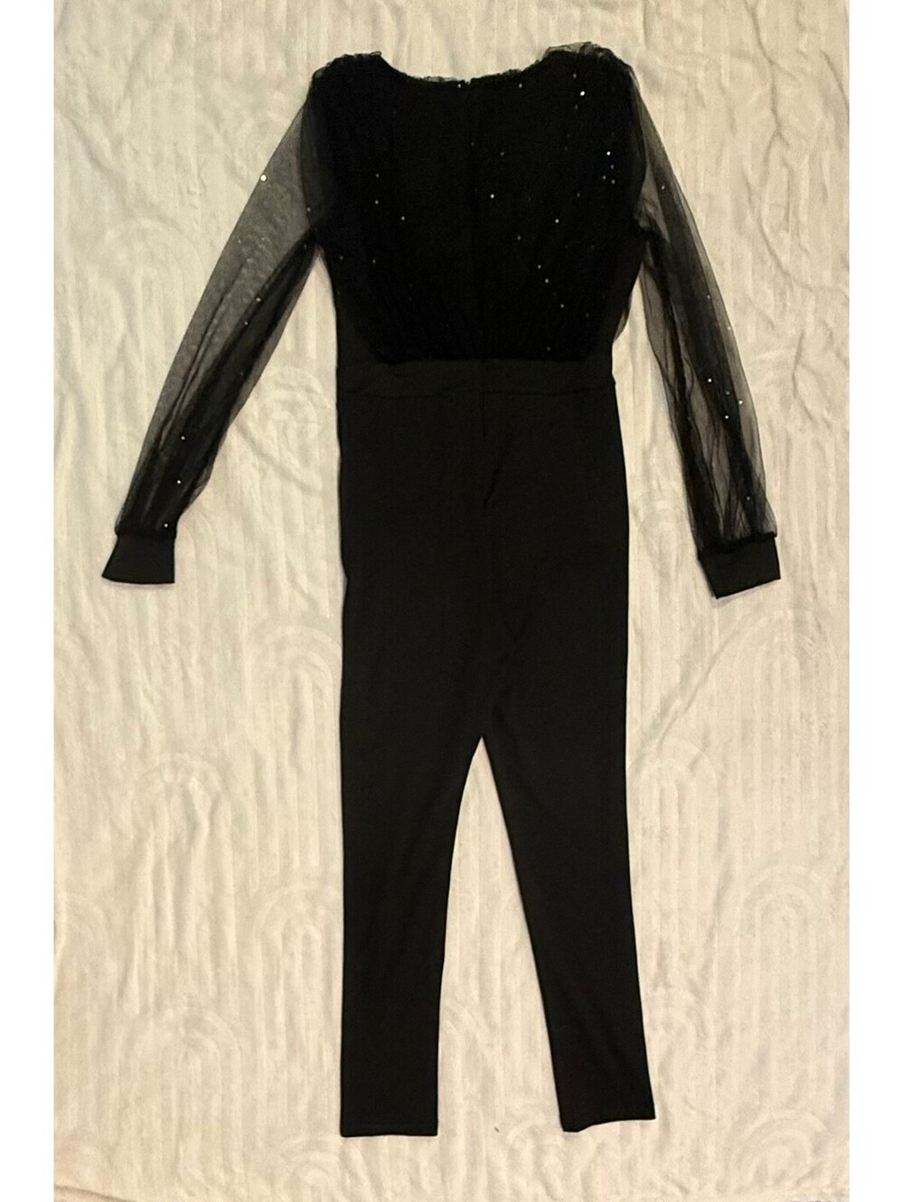 Jumpsuit/mono negro con mangas de tul y pedrería – Talla S – Nuevo con etiqueta